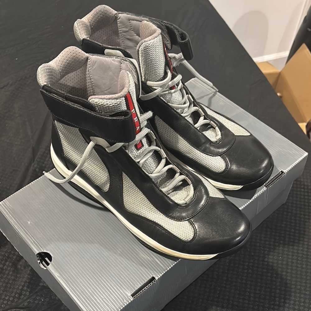 Prada Men's Black and Gray High-Top Sneakers